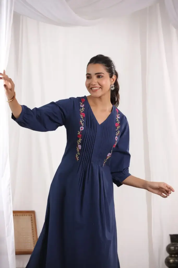 Pure Cotton Pleated Kurta with Heavy Embroidery, Sequins & Pintex Work, Paired with Pant.